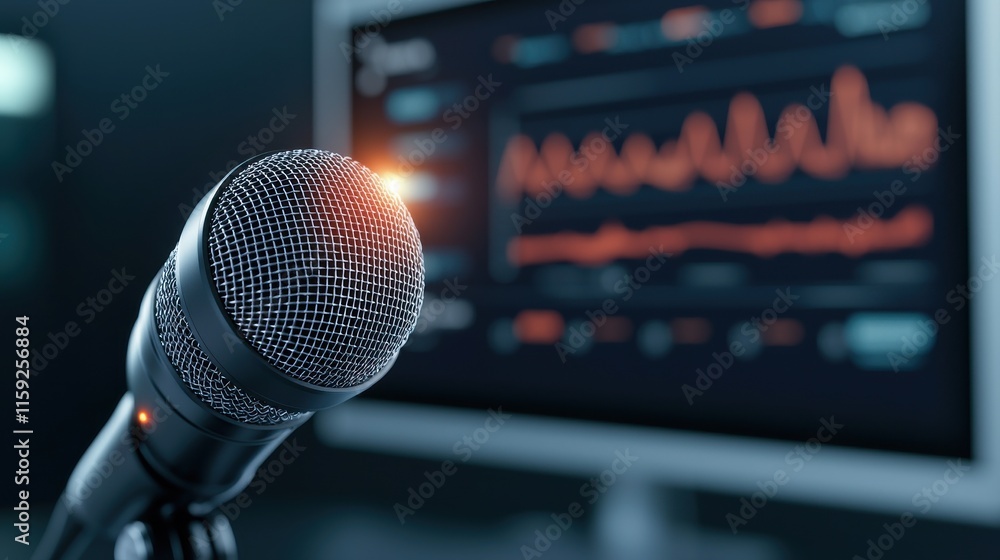 Conference Setup Featuring Glowing Microphone with Professional Audio Visualization Display Background for Effective Communication and Engagement Conference Setup Featuring Glowing Microphone with Professional Audio Visualization Display Background for Effective Communication and Engagement