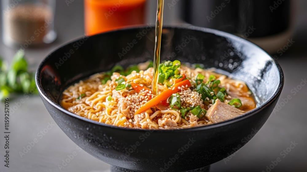 Broth is Poured into a Bowl of Noodles with Fresh Herbs and Vegetables in a Dynamic Action Setting for Food Photography Broth is Poured into a Bowl of Noodles with Fresh Herbs and Vegetables in a Dynamic Action Setting for Food Photography