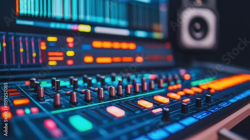 Modern Sound Studio Setup Featuring Digital Interface and Colorful Control Panel for Audio Production and AI Assistance