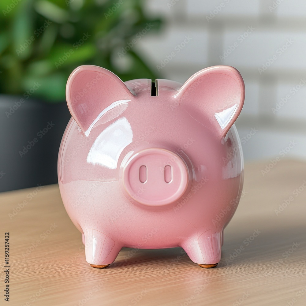 Modern Piggy Bank Design on Futuristic Desk with Minimalist Aesthetic, Capturing the Essence of Savings in a Contemporary Workspace