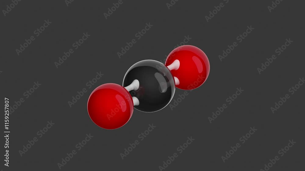Molecule of carbon dioxide with the molecular formula CO2, represented by a ball-and-stick chemical model. Greenhouse gas. Isolated. Gray background. Alpha channel. 3D rendering. Seamless loop Molecule of carbon dioxide with the molecular formula CO2, represented by a ball-and-stick chemical model. Greenhouse gas. Isolated. Gray background. Alpha channel. 3D rendering. Seamless loop