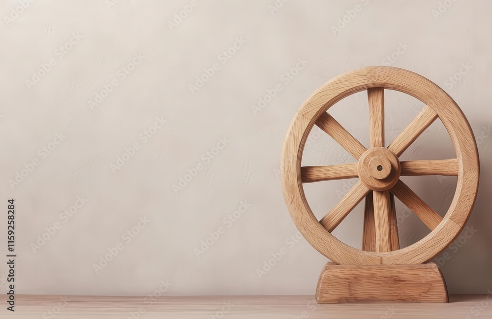 Obraz premium handmade woodwork tradition. Wooden spinning wheel, showcasing traditional craftsmanship and natural finishes, Handmade wooden spinning wheel, Heritage and functional