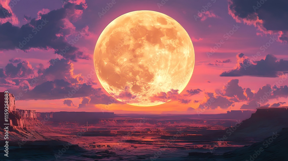Crimson Sunset Over Desolate Canyon With Giant Orange Moon Crimson Sunset Over Desolate Canyon With Giant Orange Moon