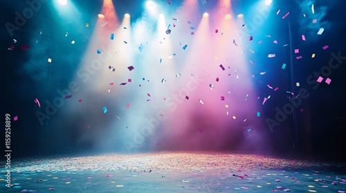 Colorful confetti falling on stage with spotlights and smoke.