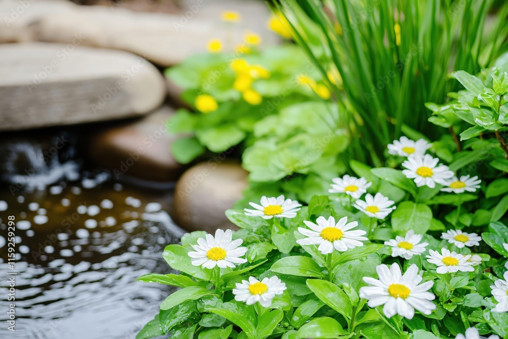 Tranquil Garden Scene with White Daisies and Lush Greenery by Water Feature Tranquil Garden Scene with White Daisies and Lush Greenery by Water Feature