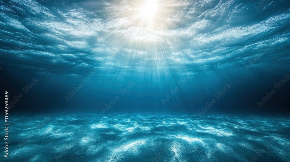 Serene Ocean Depths with Sunlight Streaming Through Water Surface Serene Ocean Depths with Sunlight Streaming Through Water Surface