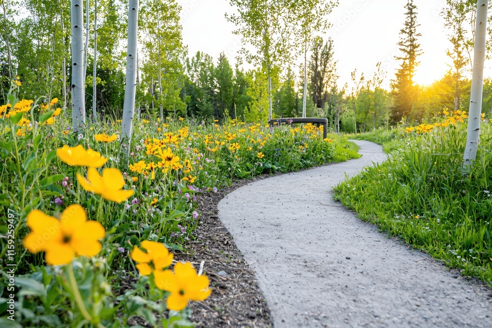 Obraz premium Serene Pathway Through Vibrant Wildflowers Under Gentle Morning Sunlight