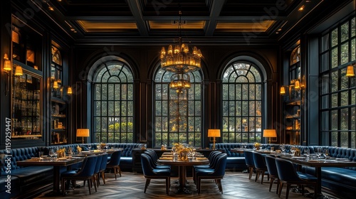 Luxurious dark-wood dining room with arched windows, blue banquettes, and crystal chandelier.