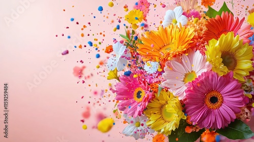 Vibrant Flower Arrangement with Splashes of Color and Artistic Background Effects