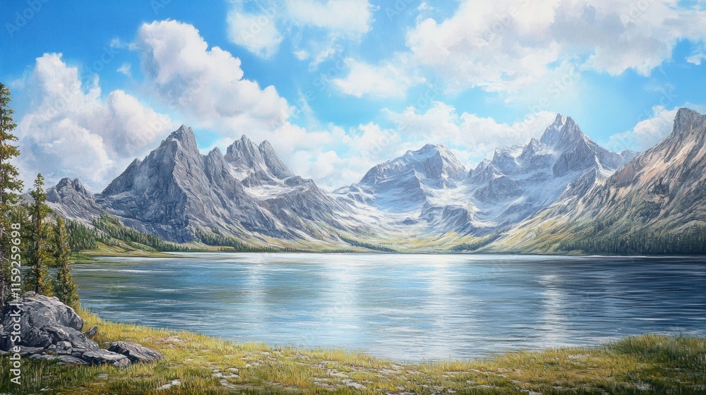 Naklejka premium Majestic Mountain Landscape with Clear Lake and Bright Blue Skies