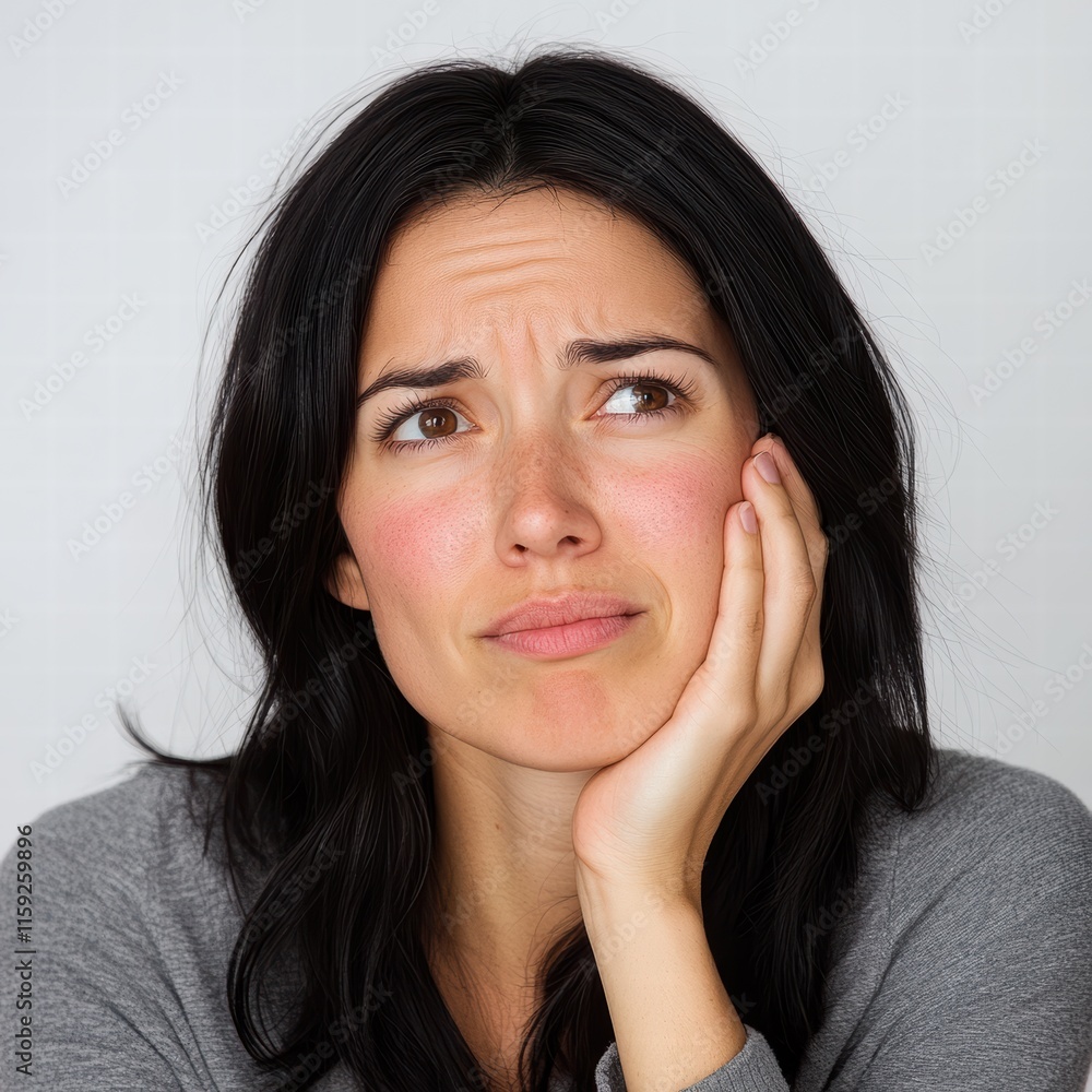 A young woman with dark hair appears pensive, resting her face on her hand with a thoughtful expression. The background is simple and neutral, enhancing her emotions A young woman with dark hair appears pensive, resting her face on her hand with a thoughtful expression. The background is simple and neutral, enhancing her emotions