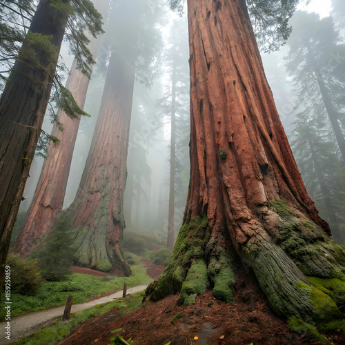 huge tree trunks with red bark in sequoia forest