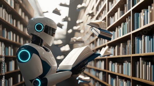 Futuristic robot examining a book in a modern library surrounded by floating books, showcasing the intersection of technology and knowledge acquisition photo