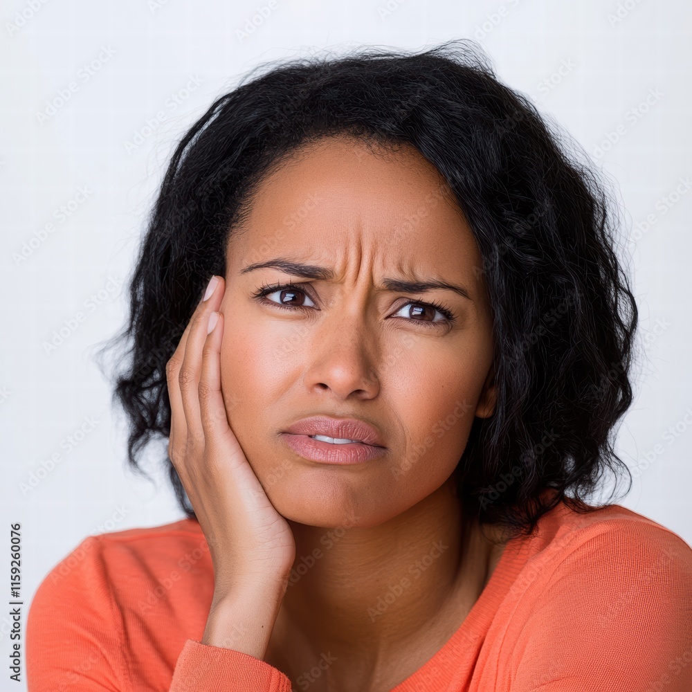 A woman with curly hair expresses concern and confusion while resting her chin on her hand in a well-lit, neutral-colored space. Her facial expression indicates deep thought A woman with curly hair expresses concern and confusion while resting her chin on her hand in a well-lit, neutral-colored space. Her facial expression indicates deep thought