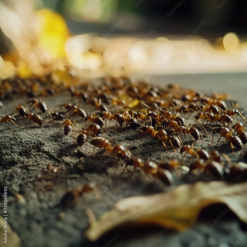 A large number of ants traverse a stone surface, navigating around various leaves scattered nearby. Sunlight illuminates their busy path in a vibrant summer ambiance A large number of ants traverse a stone surface, navigating around various leaves scattered nearby. Sunlight illuminates their busy path in a vibrant summer ambiance