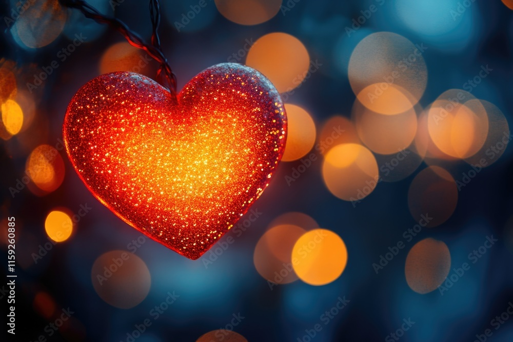 A red heart hangs from a tree surrounded by twinkling lights, perfect for romantic or celebratory occasions A red heart hangs from a tree surrounded by twinkling lights, perfect for romantic or celebratory occasions