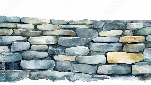 Watercolor stone wall, artistic design on white isolated background.