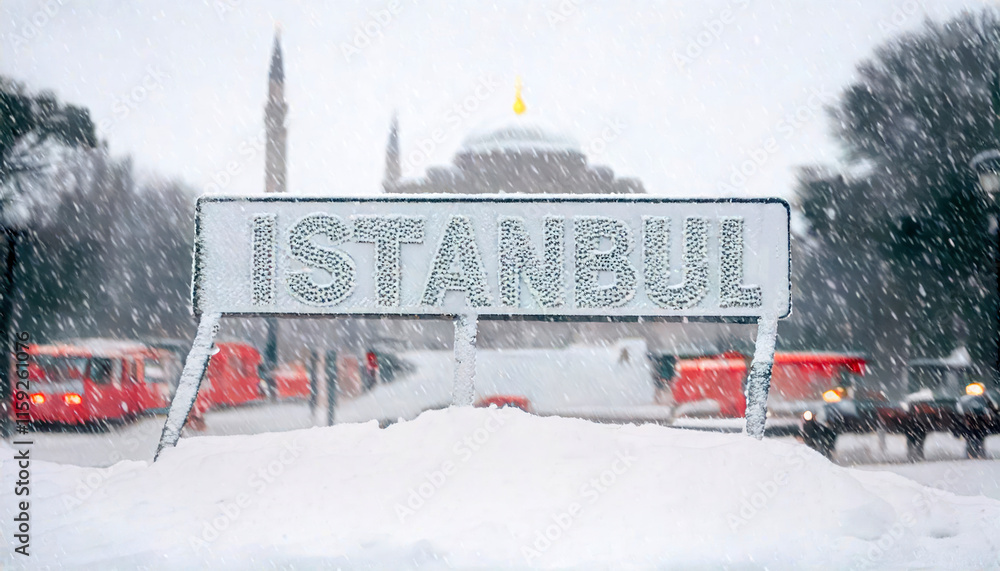 Obraz premium sign saying -Istanbul- under the snow. heavy snowfall in Istanbul, blurred taksim square