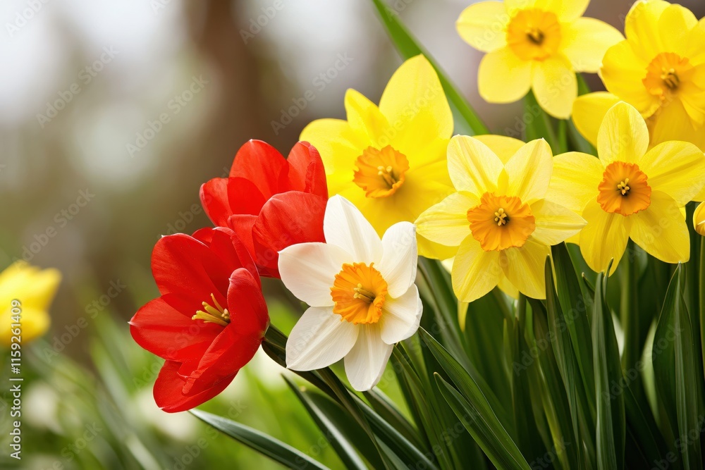 Vibrant Red, Yellow, and White Flowers Blooming in a Sunny Garden Scene Vibrant Red, Yellow, and White Flowers Blooming in a Sunny Garden Scene