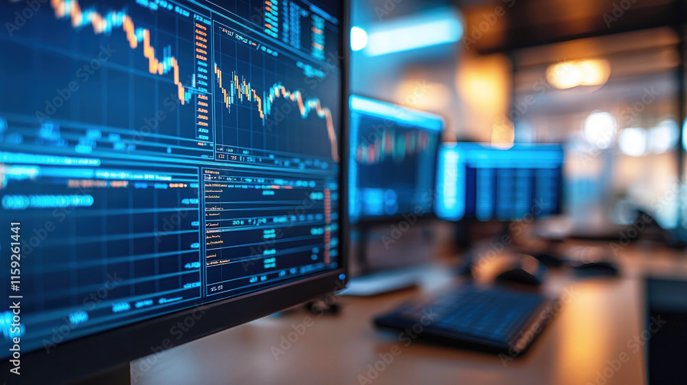 Computer screen displaying stock market data, charts, and graphs in a trading room or office. Represents finance, stock market, trading, and business. Selective focus. Computer screen displaying stock market data, charts, and graphs in a trading room or office. Represents finance, stock market, trading, and business. Selective focus.