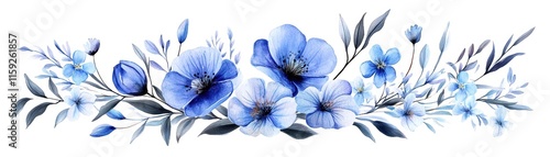 Watercolor floral arrangement featuring blue flowers with green leaves, white isolate background