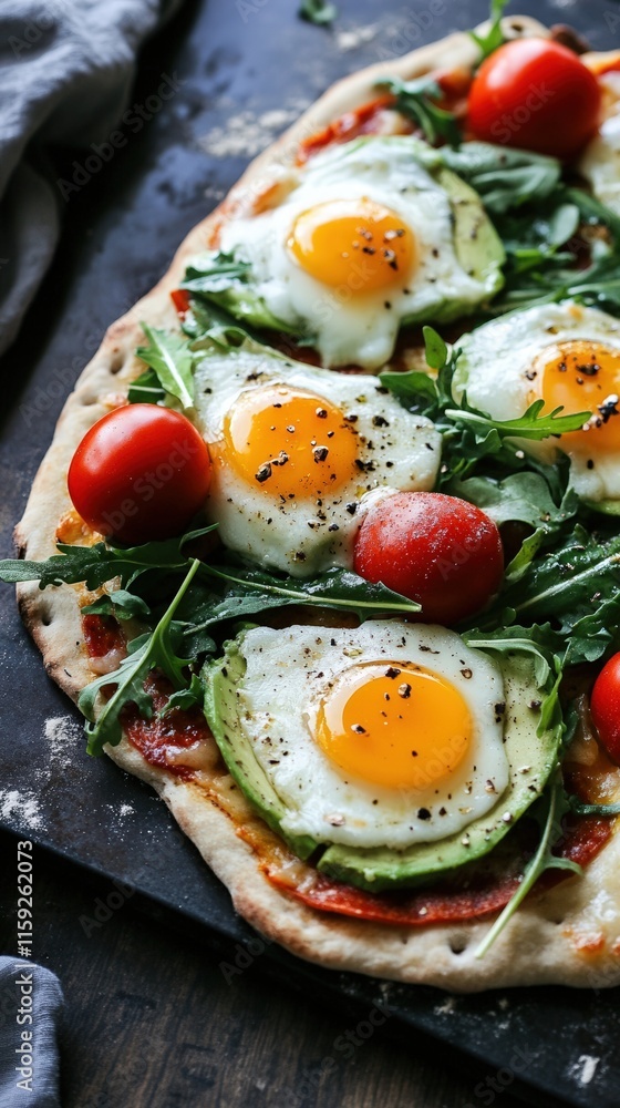 Delicious Avocado Egg Pizza with Tomatoes and Arugula Delicious Avocado Egg Pizza with Tomatoes and Arugula