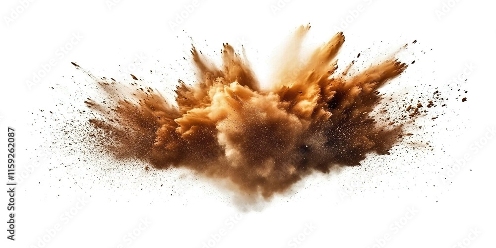 An ultra-realistic image of a brown dust explosion on a white background An ultra-realistic image of a brown dust explosion on a white background