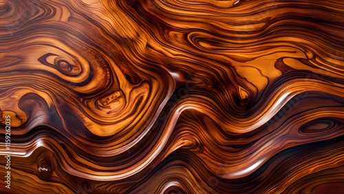 a close-up of a a rich, wood dark brown color with intricate swirling and flowing lines grain pattern