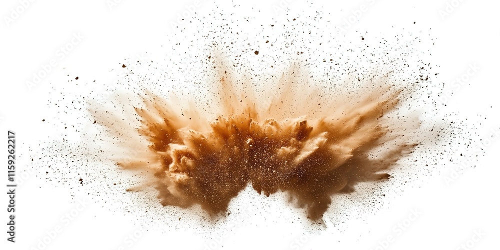 An ultra-realistic image of a brown dust explosion on a white background An ultra-realistic image of a brown dust explosion on a white background
