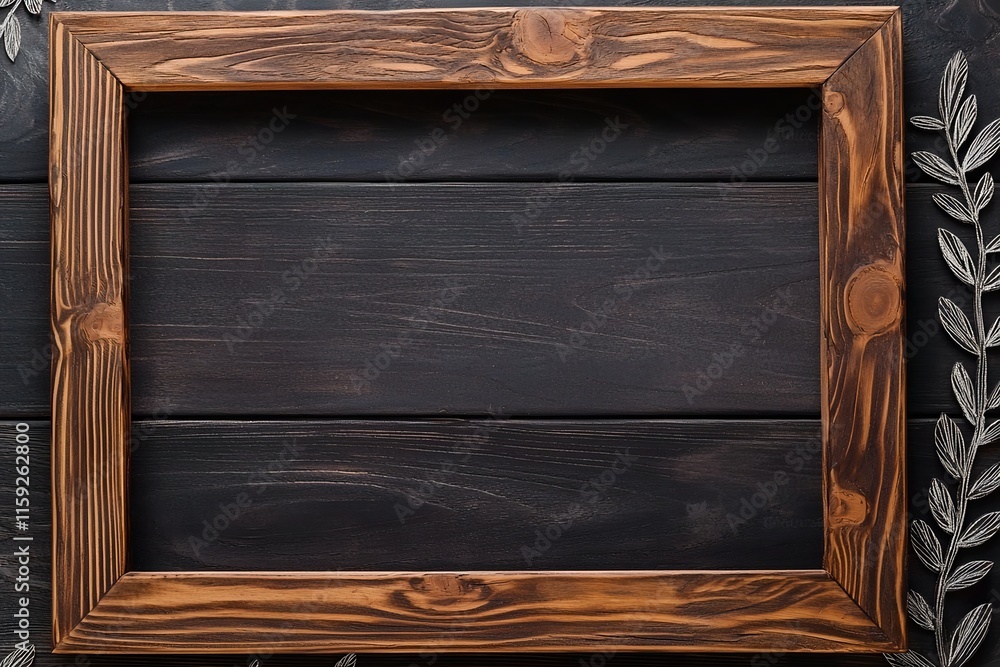 Rustic Wooden Frame with Weathered Textures and Charcoal Sketched Foliage Accents for Cozy Cabin Ambiance Rustic Wooden Frame with Weathered Textures and Charcoal Sketched Foliage Accents for Cozy Cabin Ambiance