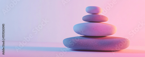 Serene balance with stacked stones in soft pastel hues, embodying tranquility and peace for meditation or mindfulness themes. photo