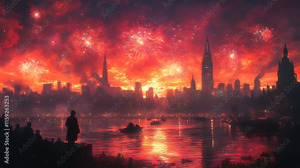 Obraz premium Fiery red fireworks display over a cityscape at night, viewed from a waterfront with people watching.