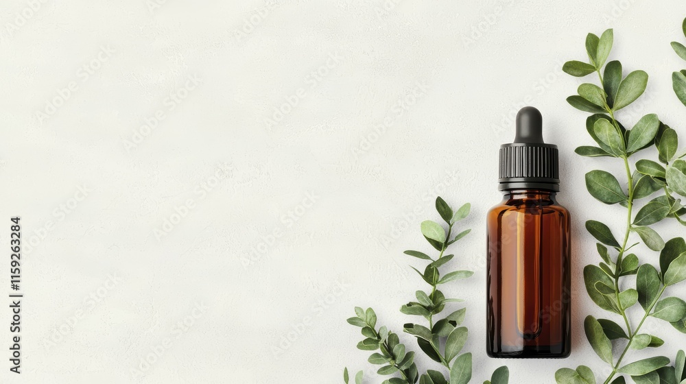A brown glass dropper bottle sits next to green leaves on a light background, suggesting themes of natural skincare and essential oils. A brown glass dropper bottle sits next to green leaves on a light background, suggesting themes of natural skincare and essential oils.