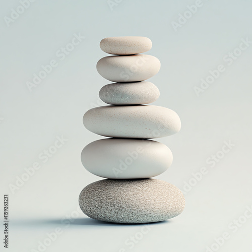 Stack of smooth stones balanced on a soft pastel-colored plain background photo