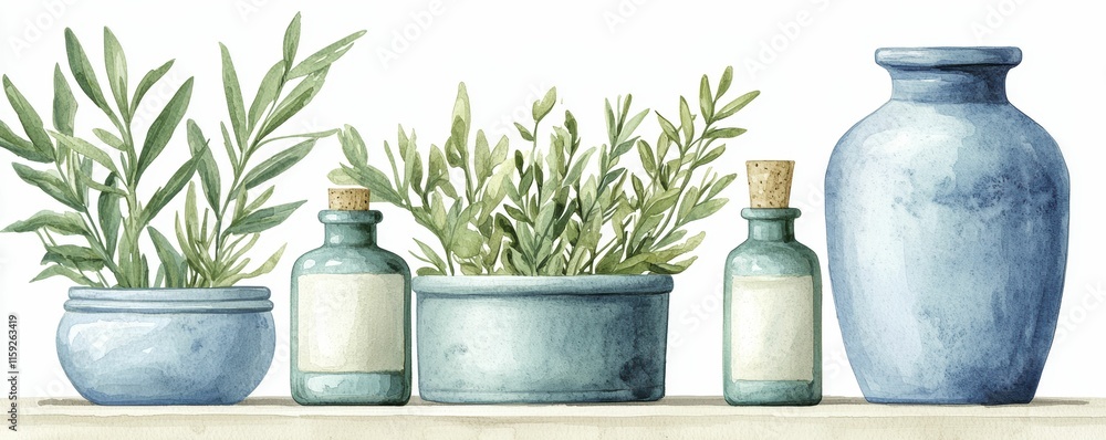 A serene arrangement of potted plants and decorative containers in soft blue tones, evoking a calm and natural atmosphere. A serene arrangement of potted plants and decorative containers in soft blue tones, evoking a calm and natural atmosphere.