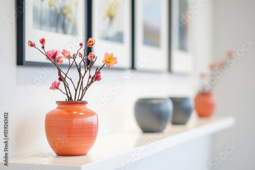 Wallpaper Mural A vibrant orange vase holds delicate flowers, displayed against a minimalist backdrop of framed artwork on a shelf. Torontodigital.ca