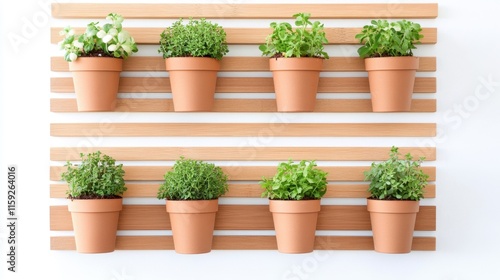 Wallpaper Mural A modern vertical garden display featuring numerous potted herbs arranged neatly on a wooden wall shelf, showcasing greenery and earthy tones. Torontodigital.ca