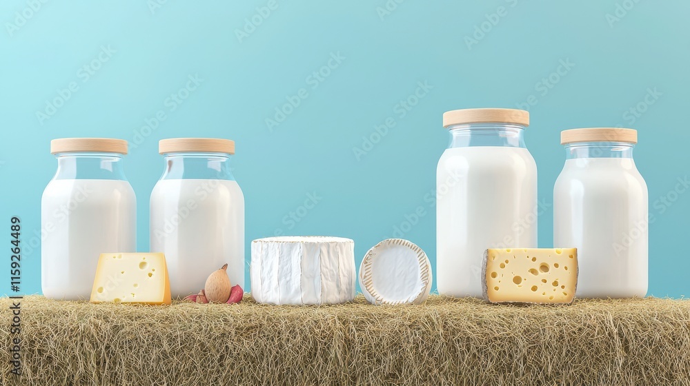 Fresh Dairy Products Displayed on a Rustic Wooden Surface with Background in Soft Blue Color Featuring Milk Jars and Variety of Cheeses for Culinary Inspiration Fresh Dairy Products Displayed on a Rustic Wooden Surface with Background in Soft Blue Color Featuring Milk Jars and Variety of Cheeses for Culinary Inspiration