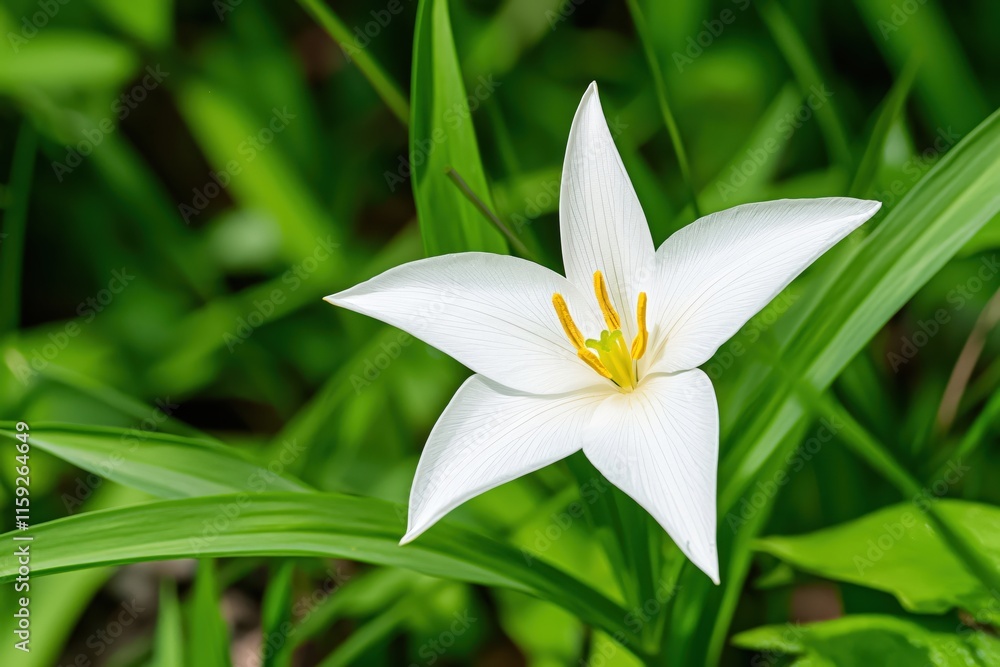 Beautiful White Flower with Yellow Stamen Surrounded by Lush Green Leaves in Nature Beautiful White Flower with Yellow Stamen Surrounded by Lush Green Leaves in Nature