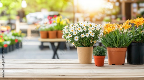 Wallpaper Mural Beautiful Flower Pots on a Table in a Garden Center with Bright Sunlight Torontodigital.ca