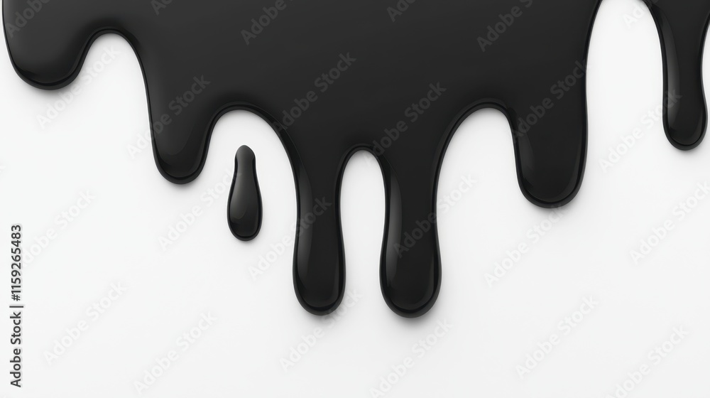 A glossy black substance drips down a white surface, creating an artistic contrast between the dark liquid and the bright background. A glossy black substance drips down a white surface, creating an artistic contrast between the dark liquid and the bright background.
