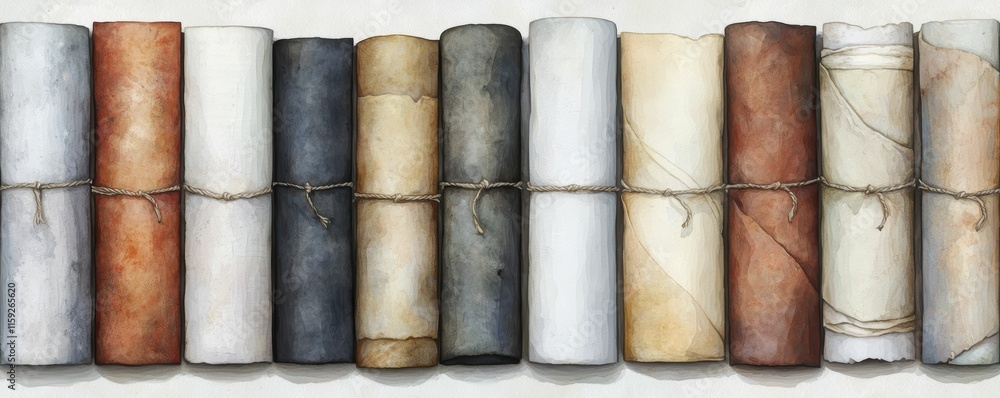 A collection of rolled papers in various colors, neatly arranged and tied with twine, showcasing a vintage aesthetic. A collection of rolled papers in various colors, neatly arranged and tied with twine, showcasing a vintage aesthetic.