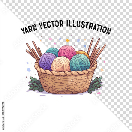 A clipart of knitting needles and yarn with basket. Skein of yarn with knitting needles