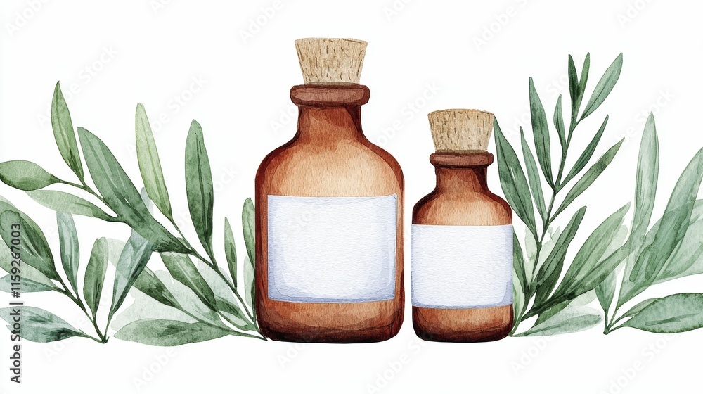 A serene watercolor illustration of two amber bottles surrounded by green leaves, evoking a natural and organic aesthetic. A serene watercolor illustration of two amber bottles surrounded by green leaves, evoking a natural and organic aesthetic.