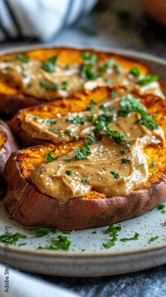 Roasted Sweet Potatoes Topped With Peanut Butter And Parsley Roasted Sweet Potatoes Topped With Peanut Butter And Parsley