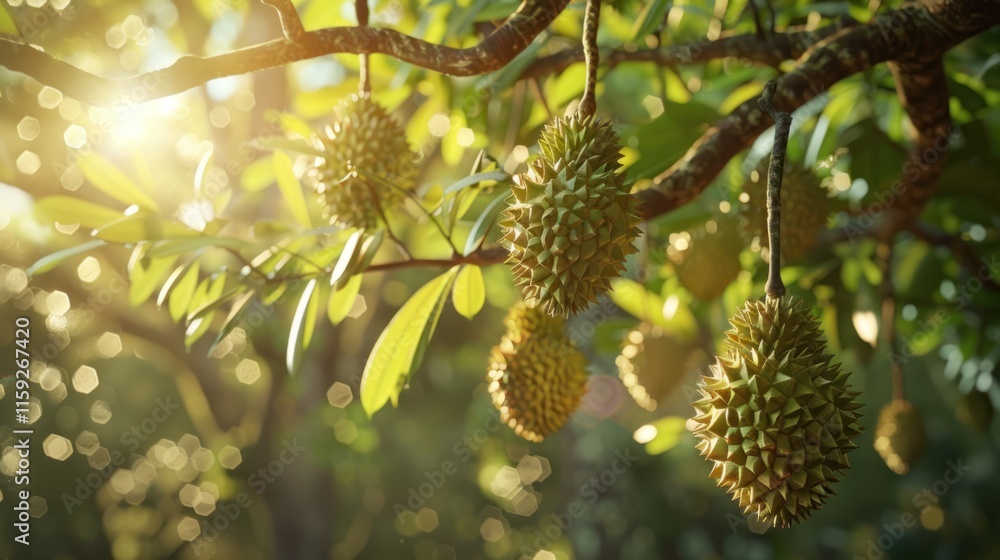 Durian fruit hangs on tree, illuminated by sunlight. Durian fruit hangs on tree, illuminated by sunlight.