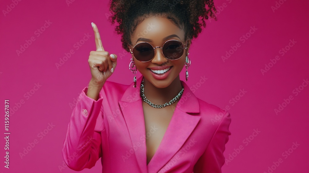 Smiling woman in pink suit points up. Smiling woman in pink suit points up.
