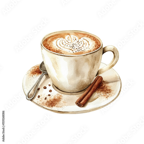 cappuccino with cinnamon vector illustration in watercolor style