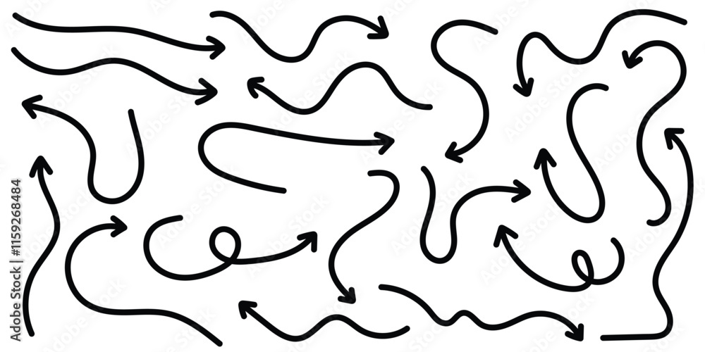 Collection of line arrows. Set simple curved hand drawn arrows. Collection of pointers.