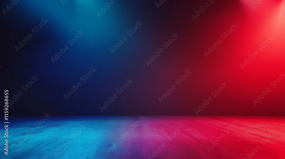 Dark room with red and blue lighting on wooden floor. Dark room with red and blue lighting on wooden floor.